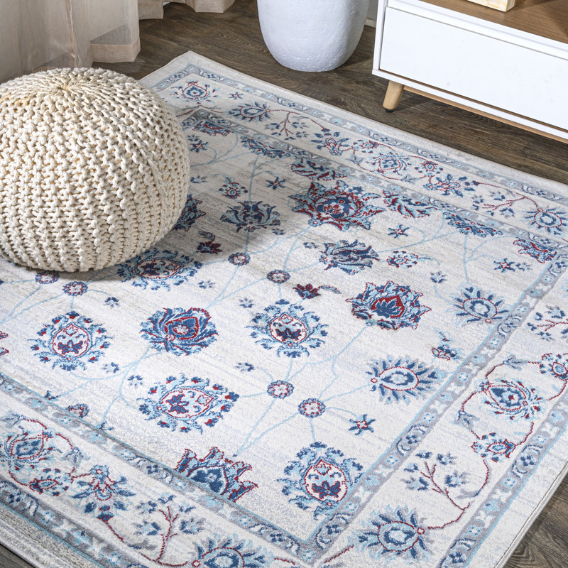 Hatha Modern Persian Vintage Moroccan Traditional Ivory/Blue/Red Rug, Square 5'