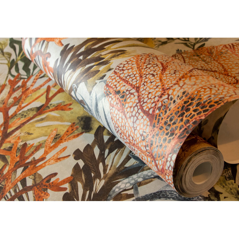Tropical Collection Bora Bora Coral Inspired 27.8' L x 27.5" W Wallpaper Roll, Peanut