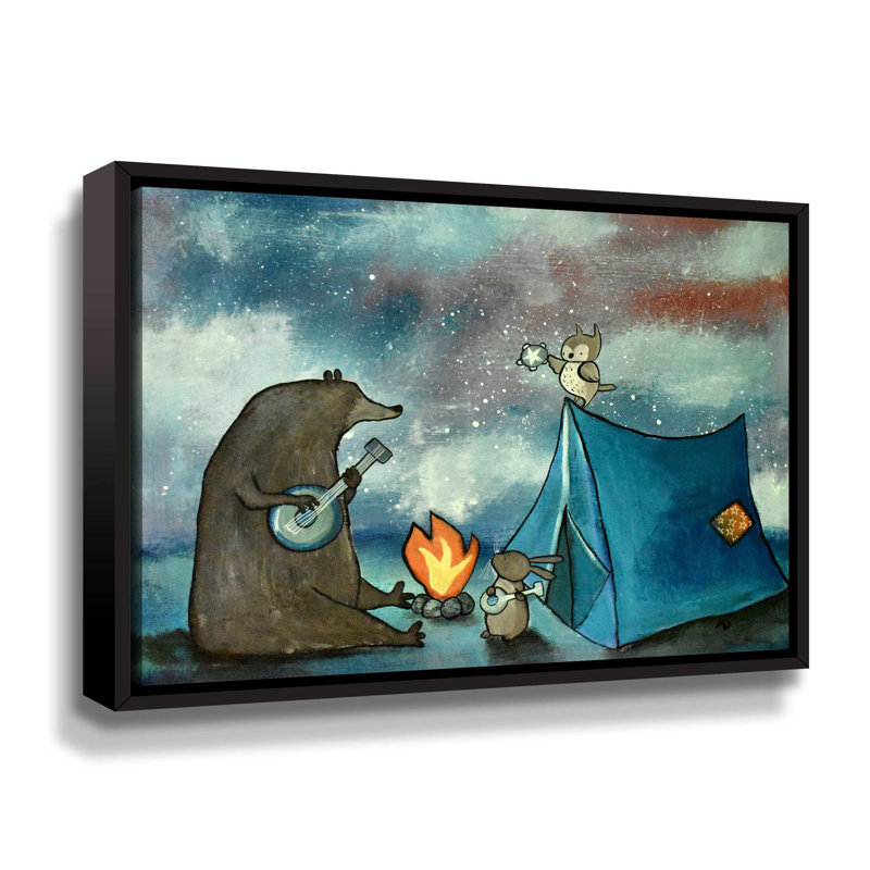 Camping Friends - Peinture sur toile, Cadre flottant noir, H 18 po x l 24 po x P 2 po