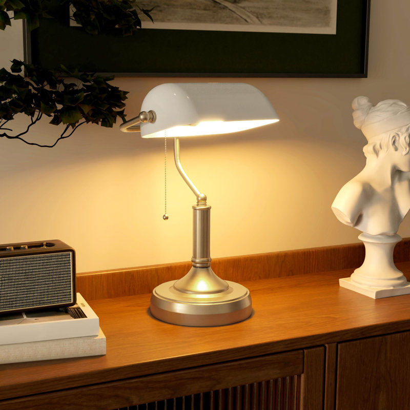 Banker's Table Lamp Desk Lamp With Antique Bronze Tone Base, Glass Shade And Pull Rope Switch For Home Office, Living Room, Bedroom, Dining Room