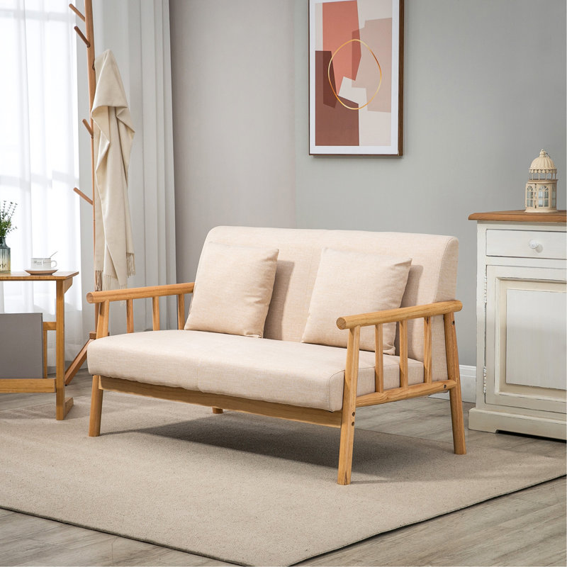 Beige Linen Upholstered Lawson Loveseat with Medium Wood Frame