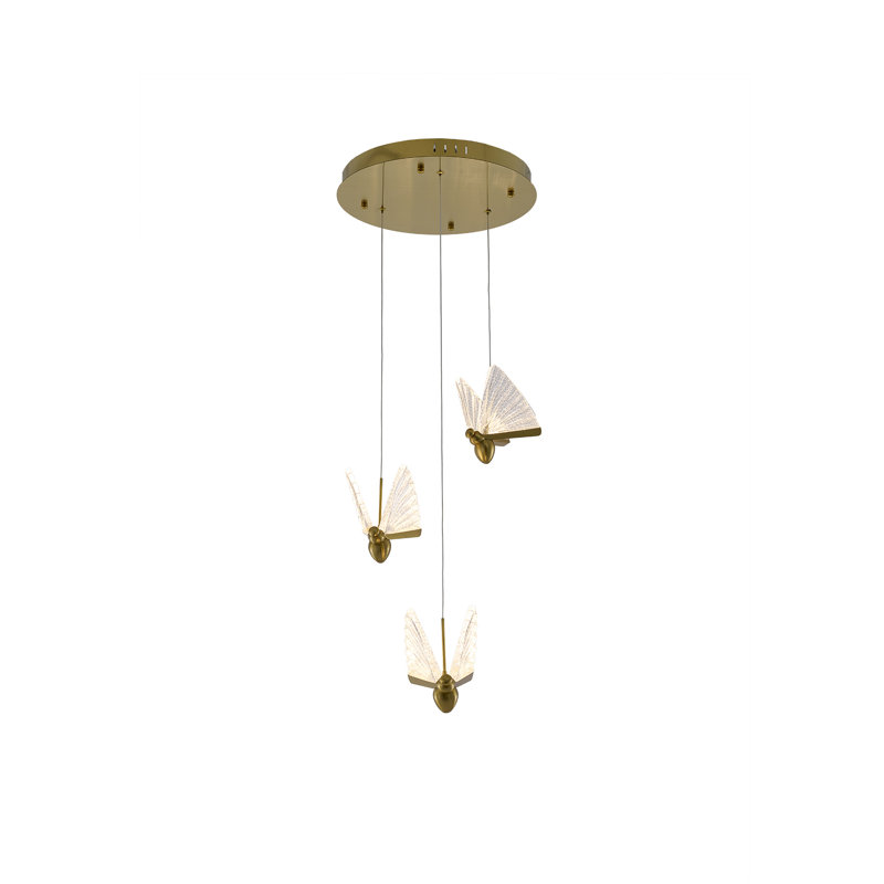 Lustre 3 lumières DEL en laiton teinté avec pendentifs papillon, Trois lumières, H 83,5 po x l 15,7 po x P 15,7 po