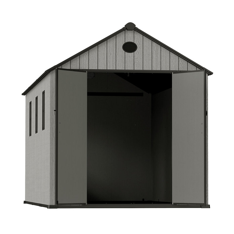 Gray wood-grain pointed-roof plastic tool shed