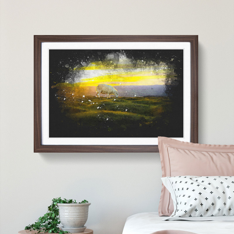 Grazing Sheep At Sunset Paint Splash - Picture Frame Graphic Art, Walnut Framed, 62cm H x 87cm W x 2cm D