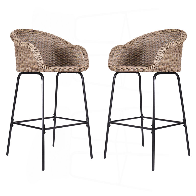 Ladd Outdoor Metal Wicker Barstool, Light Brown Faux Wicker, Set Of 2, Brown