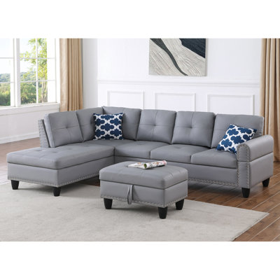 Canapé modulaire en similicuir gris avec rangement, 3 sièges mi-fermes résistants aux taches, dossier rembourré, garniture cloutée, 2 coussins décoratifs, porte-gobelet, moderne, ornement, coussins, support,