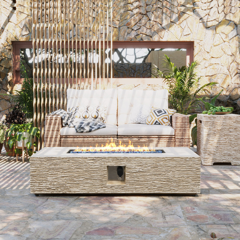 56 in. Rectangular Magnesium Oxide Outdoor Fire Pit Table with Tank Cover and Rain Cover, Beige