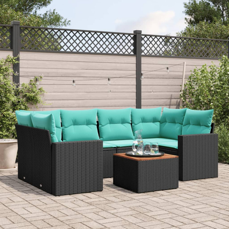  Ensemble de canapé de patio 7 pièces avec coussins en rotin de polyester noir