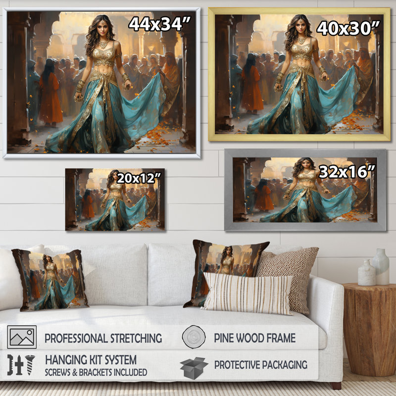 «Blue and Gold Belly Dancer - Dance», art mural sur toile, Cadre d'angle fermé noir, H 30 po x l 40 po x P 1,5 po