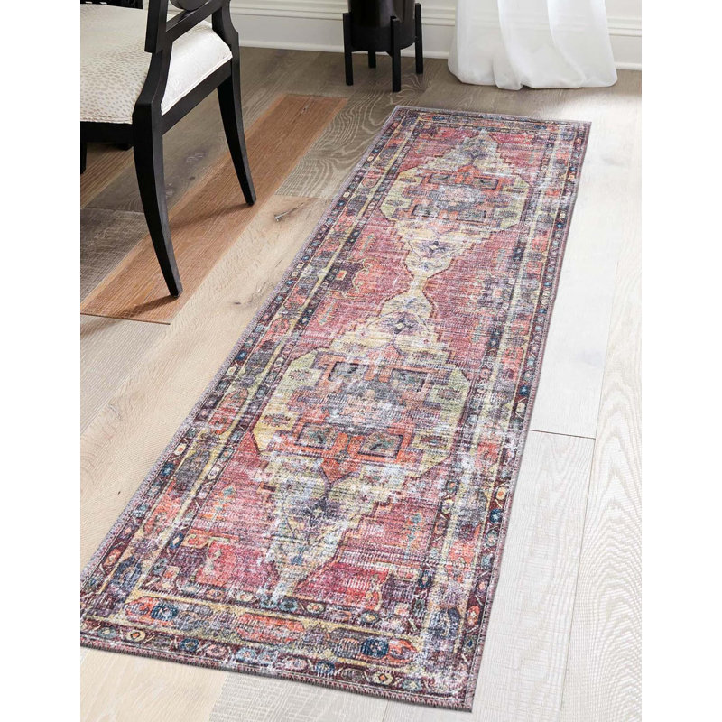 Heffron Performance Yellow/Pink Machine Washable Rug, Runner 2' x 10'
