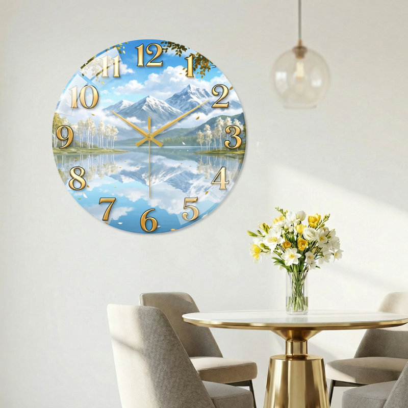 "Mountain Lake", horloge murale en verre, 60 x 60 cm (23,6 x 23,6 pouces)