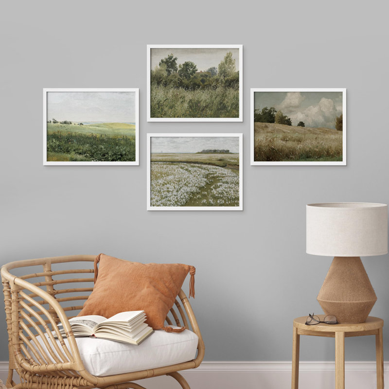 Green Meadow Countryside Landscape, impression sur papier, 4 pièces, Blanc, H 11 po x l 14 po