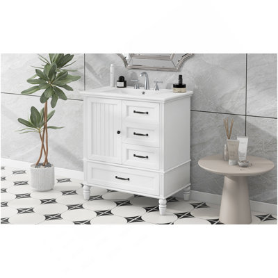 Meuble-lavabo de 30 po avec lavabo, armoire de salle de bain avec porte, trois tiroirs, pieds en bois et panneau de fibres à densité moyenne, patins réglables, blanc