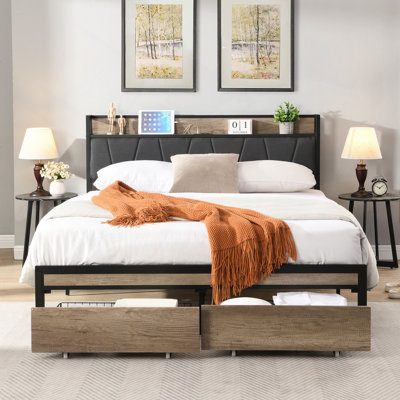 Structure de lit plateforme en métal avec tête de lit avec fonction de rangement rembourrée et doublure USB et pied de lit avec tiroirs, aucun sommier nécessaire, grand rangement sous le lit, assemblage facile