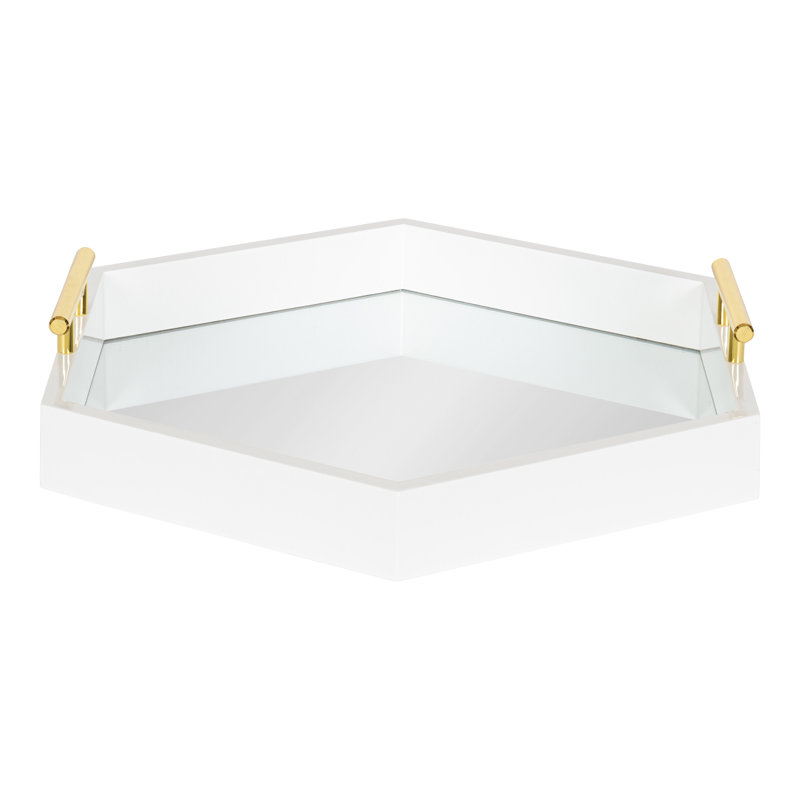 Norvan Hexagon Decorative Tray with Metal Handles, White/Mirrored