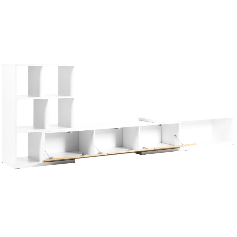 Meuble télé blanc extensible avec étagères à 3 niveaux, espace de rangement réglable pour console de télévision de 110 po, tablettes, armoires et bois