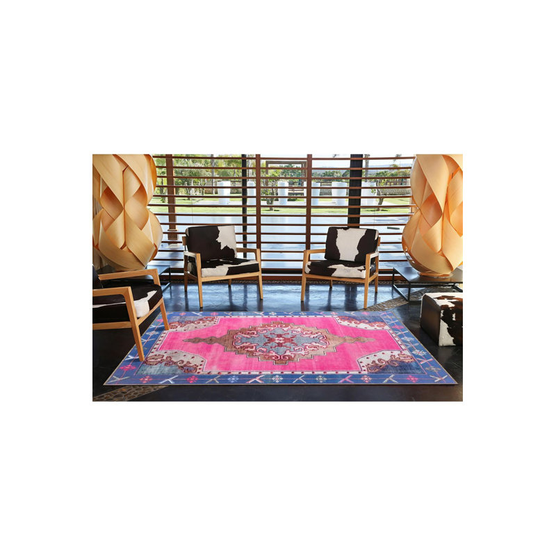 Tapis décoratif bleu et rose à motif traditionnel lavable à la machine, Carré 3 pi 3 po