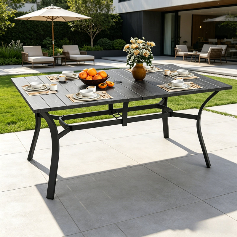 Table de patio en métal rétro avec grain de bois 37,8 po avec trou pour parasol, Noir