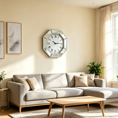 Horloge murale décorative moderne avec miroir, horloge murale octogonale en verre à bordure argentée perlée, horloge murale silencieuse en quartz pour salon, chambre, salle à manger