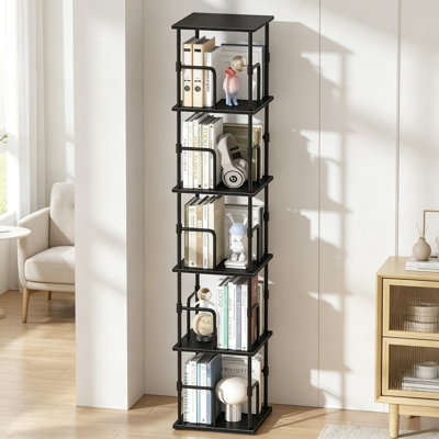 5-Tier Rotating Bookshelf With 360-Degree Turntable, Industrial Corner Storage Rack With Safety Rails For Living Room, Bedroom, Or Office