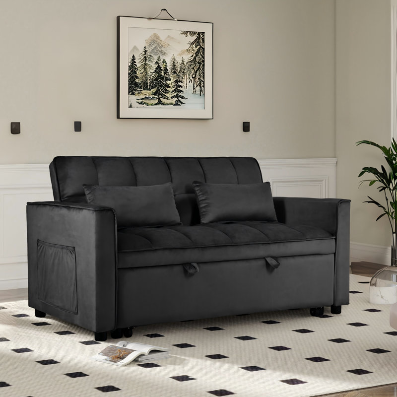 3-In-1 Convertible Sleeper Sofa Bed With Adjustable Backrest,Modern Velvet Pull Out Sofa Bed With 2  Arm Side Pocket And Pillows
