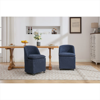 Ensemble de 2 chaises de salle à manger rembourrées en chenille avec roues pivotantes à 360 ° en bleu foncé