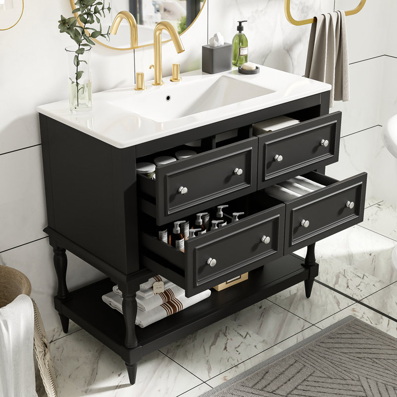 Ensemble de meuble-lavabo avec évier encastré Dancy, ensemble de meuble-lavabo autoportant avec 4 tiroirs Dancy, Noir