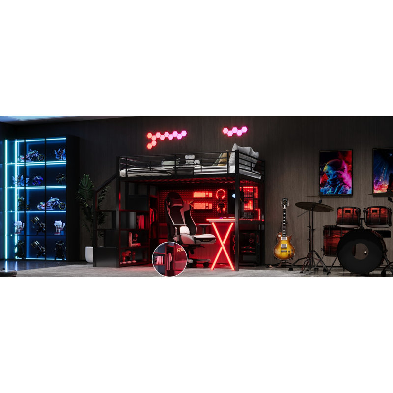 Lit mezzanine double en métal noir avec poste de travail intégré, garde-robe et espace de travail équipé de DEL pour une expérience de jeu innovante