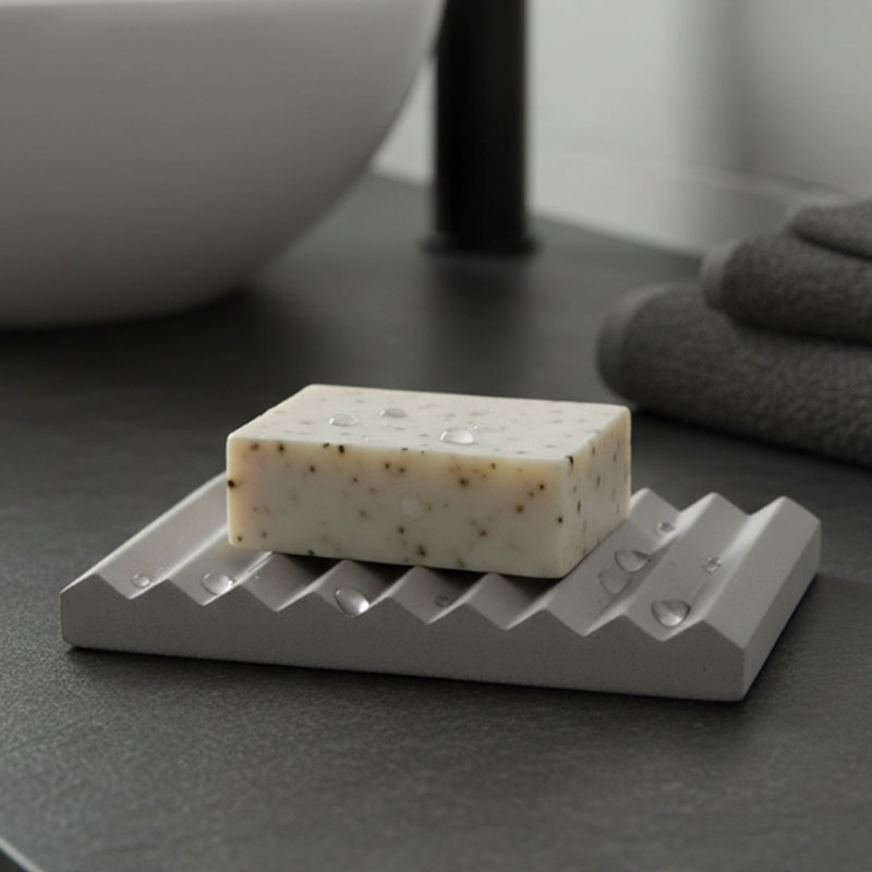 Concrete Cement Hand Soap Dish, Ribbed Drainage Design, Grey, Grey