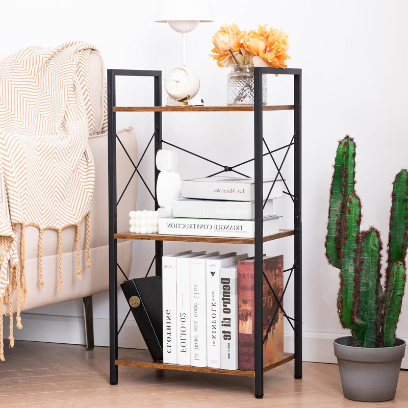Adjustable 3 Tier Small Bookshelf, Wood - Metal Combination, Industrial Style Rustic Open Bookshelf, 16.5*11*31.5
