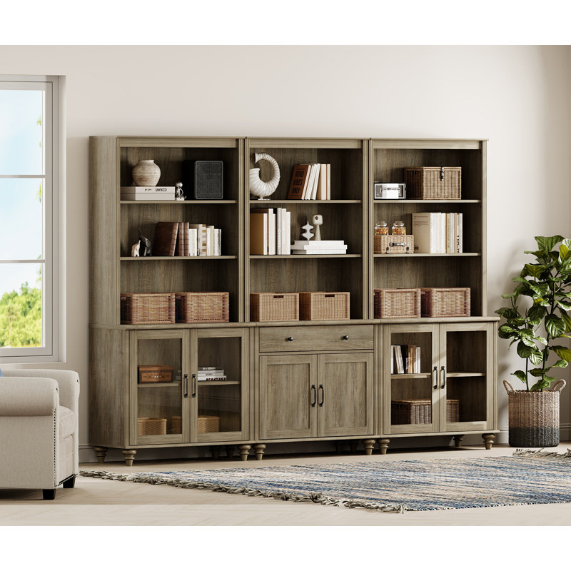 72.1"H X 101.6"W 3-Tier Bookcase With One Drawer And Three Cabinets, Set Of 3 Bookcases Farmhouse Bookshelves For Living Room Bedroom Home Office Kitchen, Wash Gray