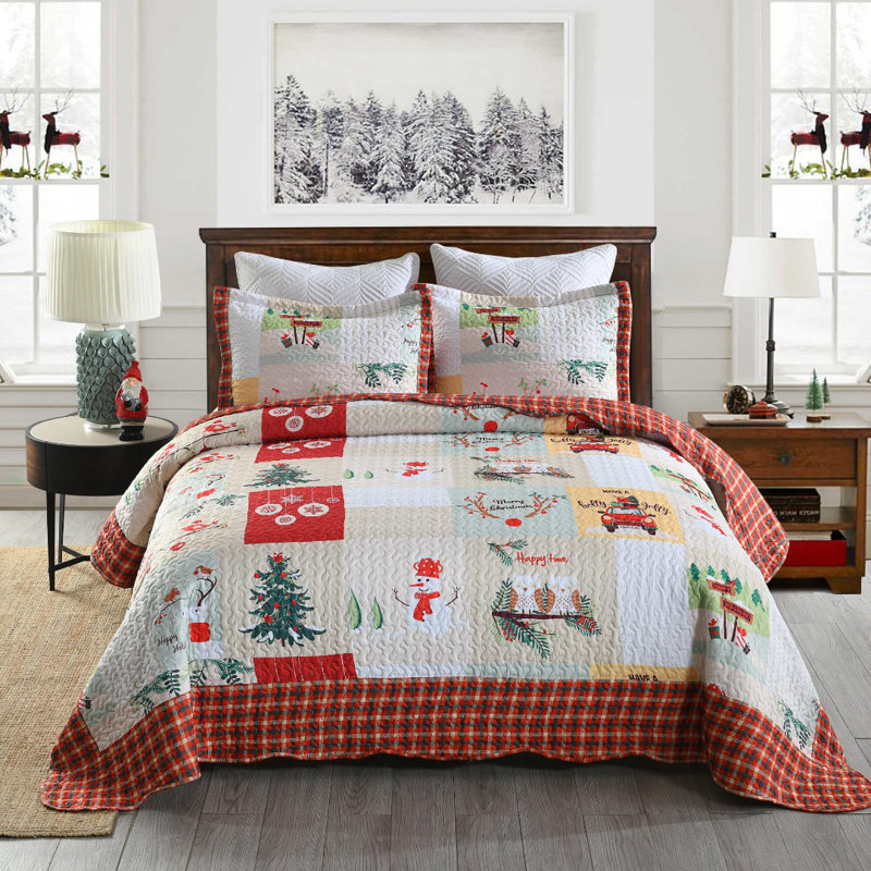 Festive Red and White Reversible Queen Quilt Set