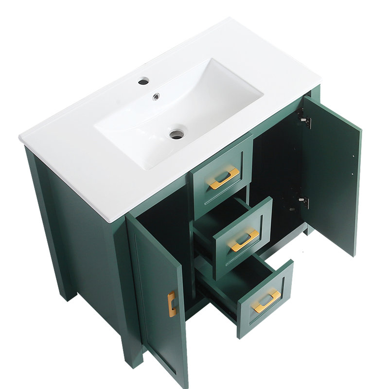 Meuble-lavabo de 36 po avec lavabo en céramique, armoire à 2 portes et tiroirs, fermeture en douceur, installation moderne, tiroirs sous-comptoir, choix élégant