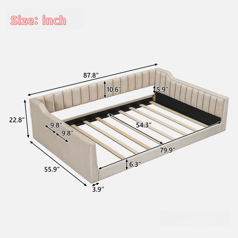 Lit de jour rembourré avec poches de rangement latérales et rayures verticales, Double XL, Beige