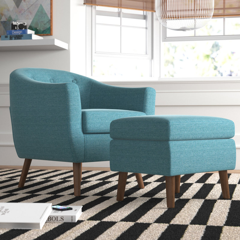 Chaise d'appoint rembourrée en lin avec repose-pieds en bois d'hévéa Arlaith, Lin turquoise