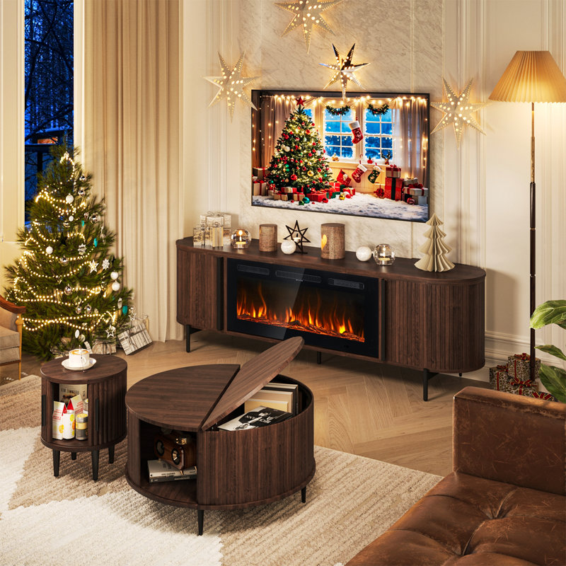 70" Fireplace Tv Stand And Coffee Table Set With Hidden Storage: Flip-top Lid & Sliding Doors, Brown