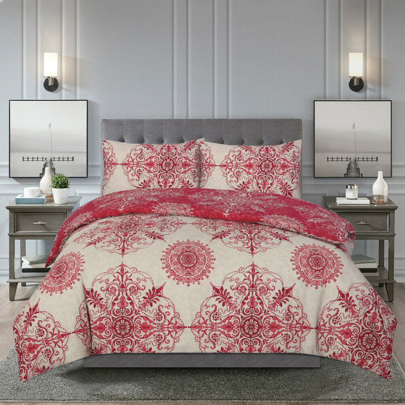 Saxon Damask Duvet Cover Set with Pillowcases, Kingsize - 2 Standard Pillowcases, Red