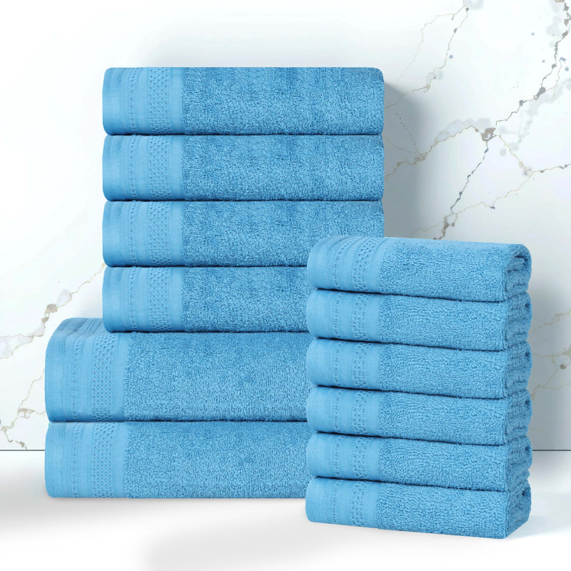 Josann 12 Piece 100% Cotton Honeycomb Jacquard & Solid Bath Towel Set, Azure