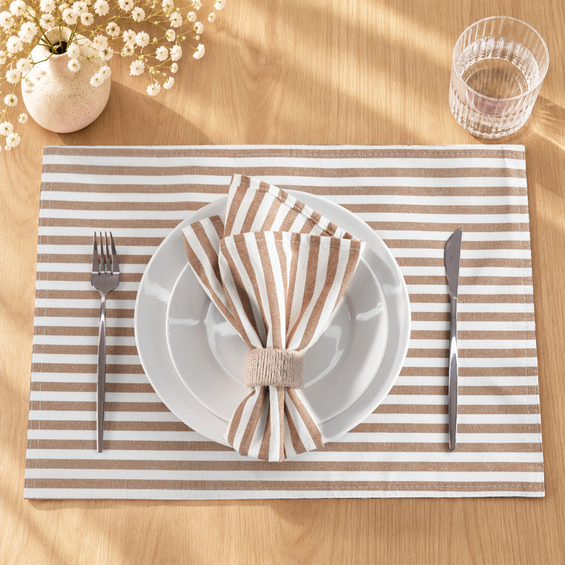 Ensemble de table rectangulaire à rayures 100 % coton teint en fil, Naturel