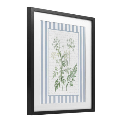 «Wild Herbs on Blue Stripes», reproduction encadrée sous verre encadrée de lettres et de lignes