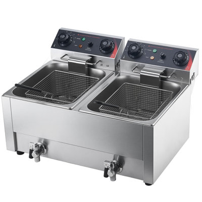 Friteuse électrique commerciale, double cuve de mise à niveau 19 pte, friteuse de comptoir en acier inoxydable 3500W avec paniers et couvercles, contrôle de la température, minuterie, protection contre la surchauffe, pour restaurant commercial, argent