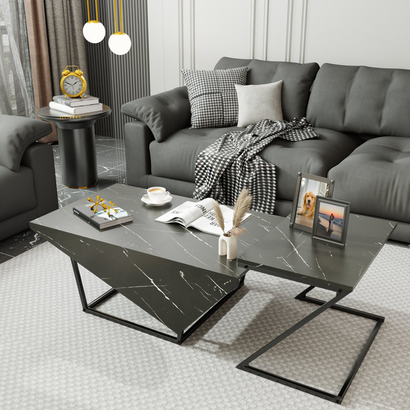 Wrought Studio Brandalynn 2-Piece Marble Top Nesting Coffee Table Set with Metal Frame, Black, Black