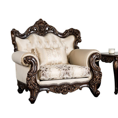 Dark Cherry & Beige Traditional Chair with Rolled Arms, Nailhead Trim & Button Tufted Back - Accent Pillow Included