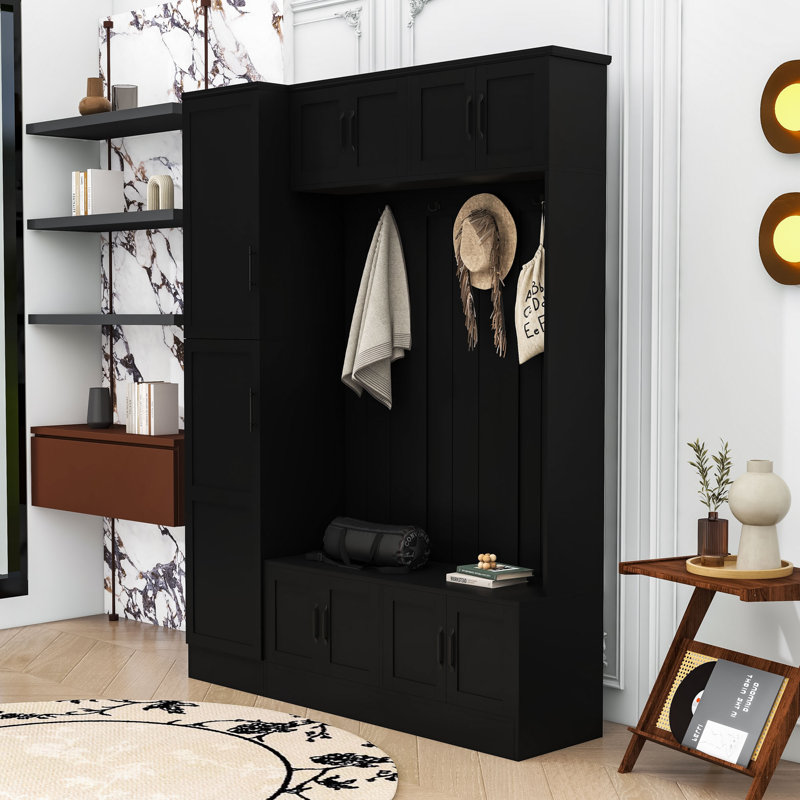 Hall Tree with 6 Cabinets, Adjustable Shelf and  Coat Hooks, Black