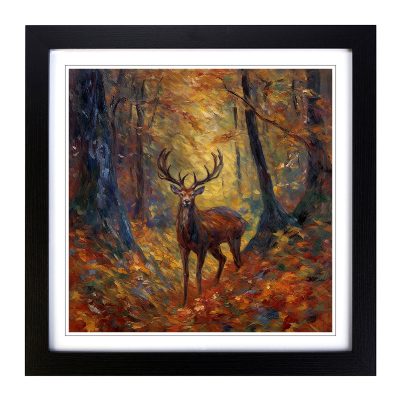 Stag In A Forest Neo-Impressionism No.1 - Single Picture Frame Print on Wood, Black