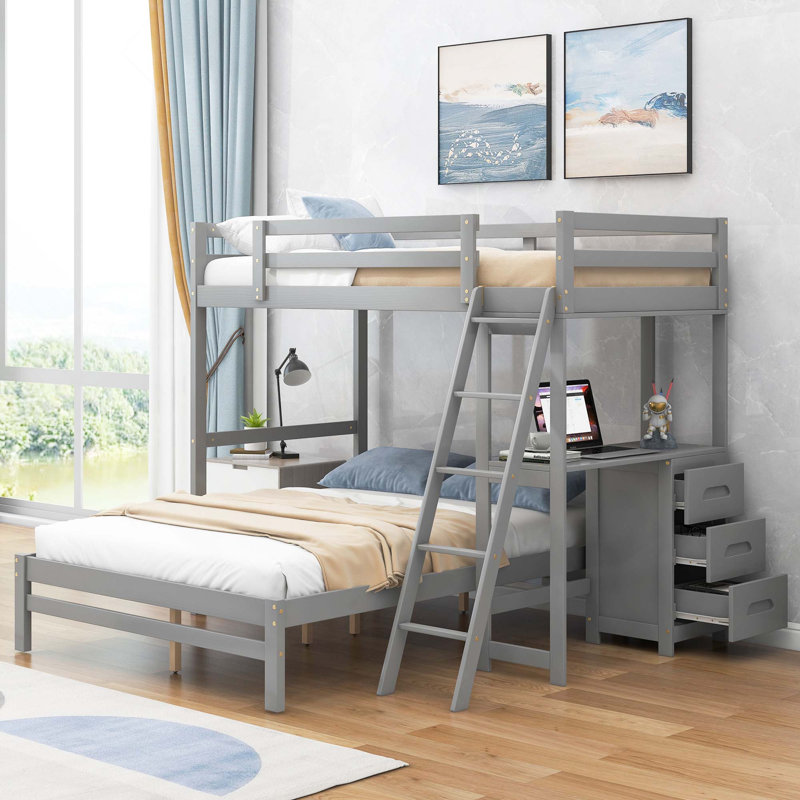 Lit superposé simple au dessus d'un lit double avec bureau intégré et 3 tiroirs, Grey