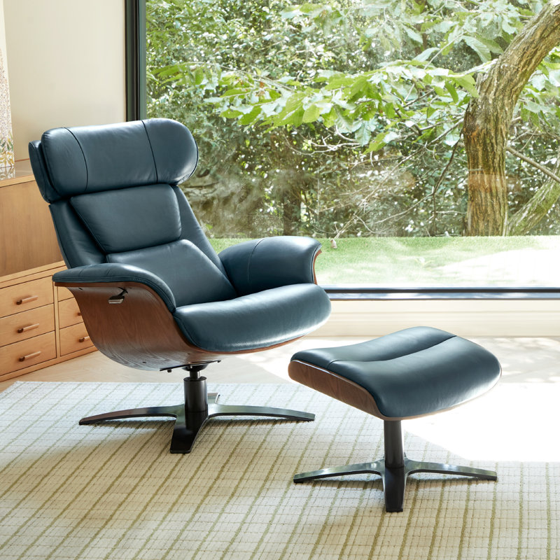 Genuine Leather Reclining Swivel Chair And Ottoman, Teal
