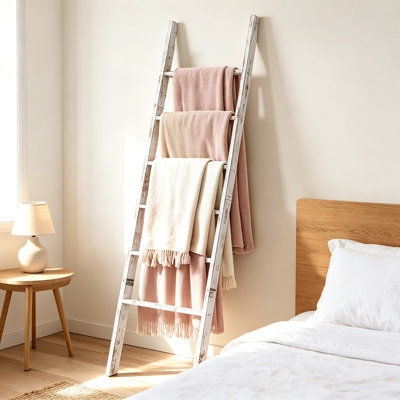 Wooden Blanket Ladder with Shelf, Rustic Farmhouse Standing Quilt and Towel Rack, Freestanding Decorative Storage for Living Room, Bedroom, and Bathro