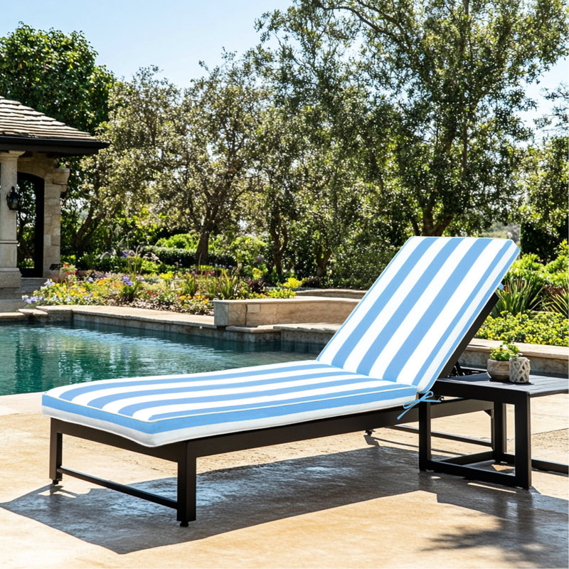 2Pcs Outdoor Furniture Chaise Lounge Seat Cushion - Blue/White, Superior , & Fade Proof, Removable Zippered Cover, High Resilience Sponge Padding, Adjustable Strap, Easy Cleaning And Maintenance