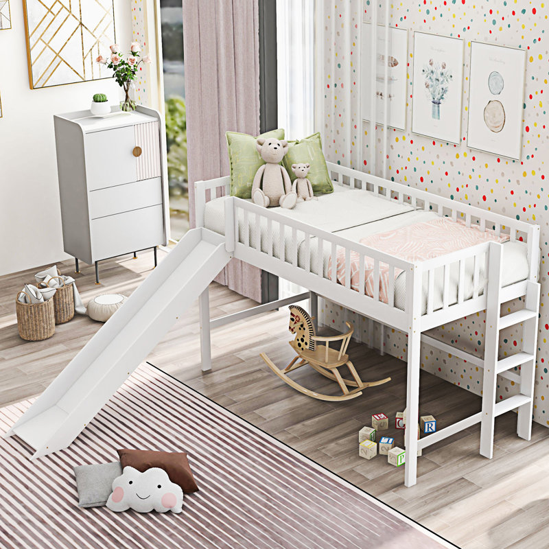 Low Loft Bed With Ladder And Slide, White